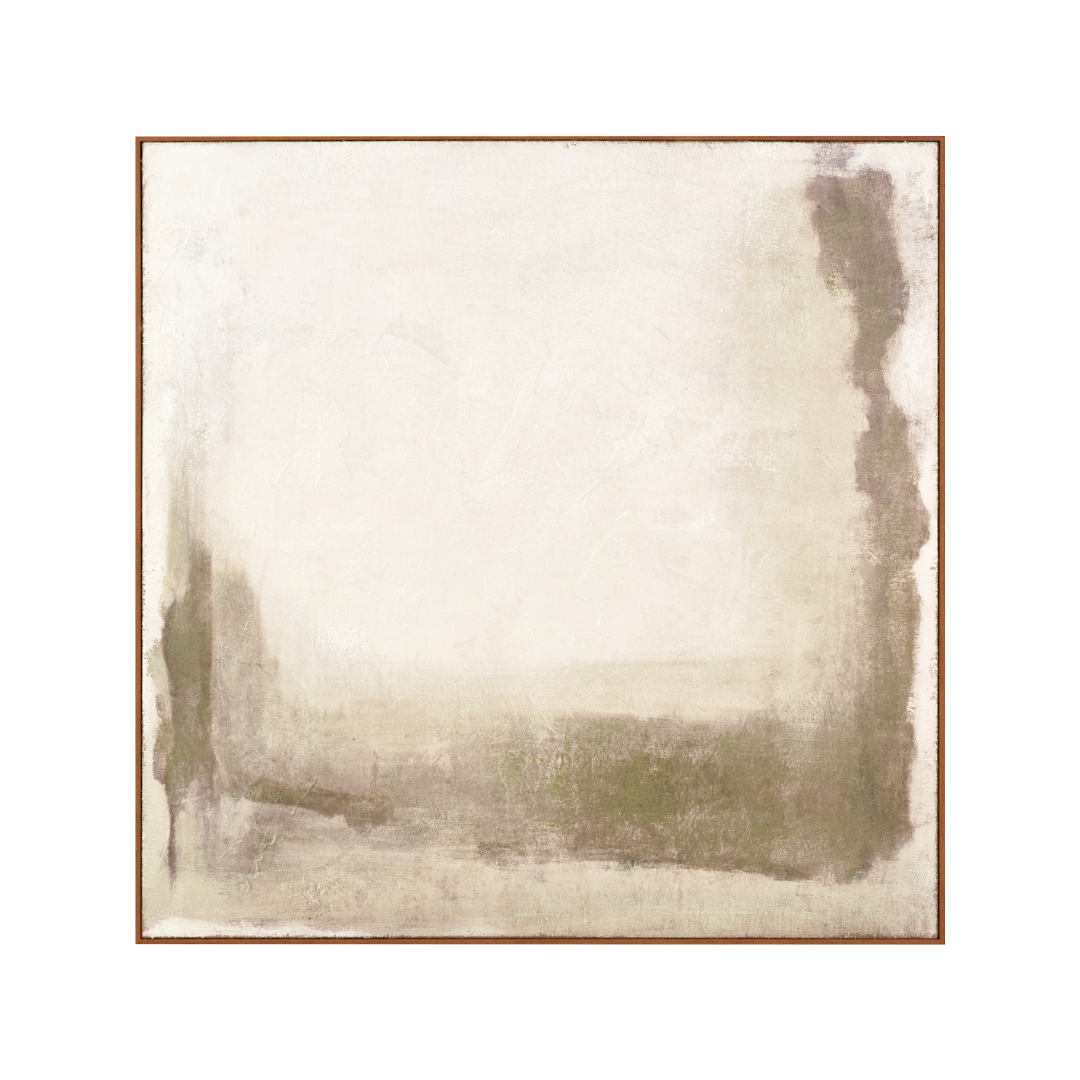 Green and Natural Abstract Square Hessian Canvas with Oak Effect Frame