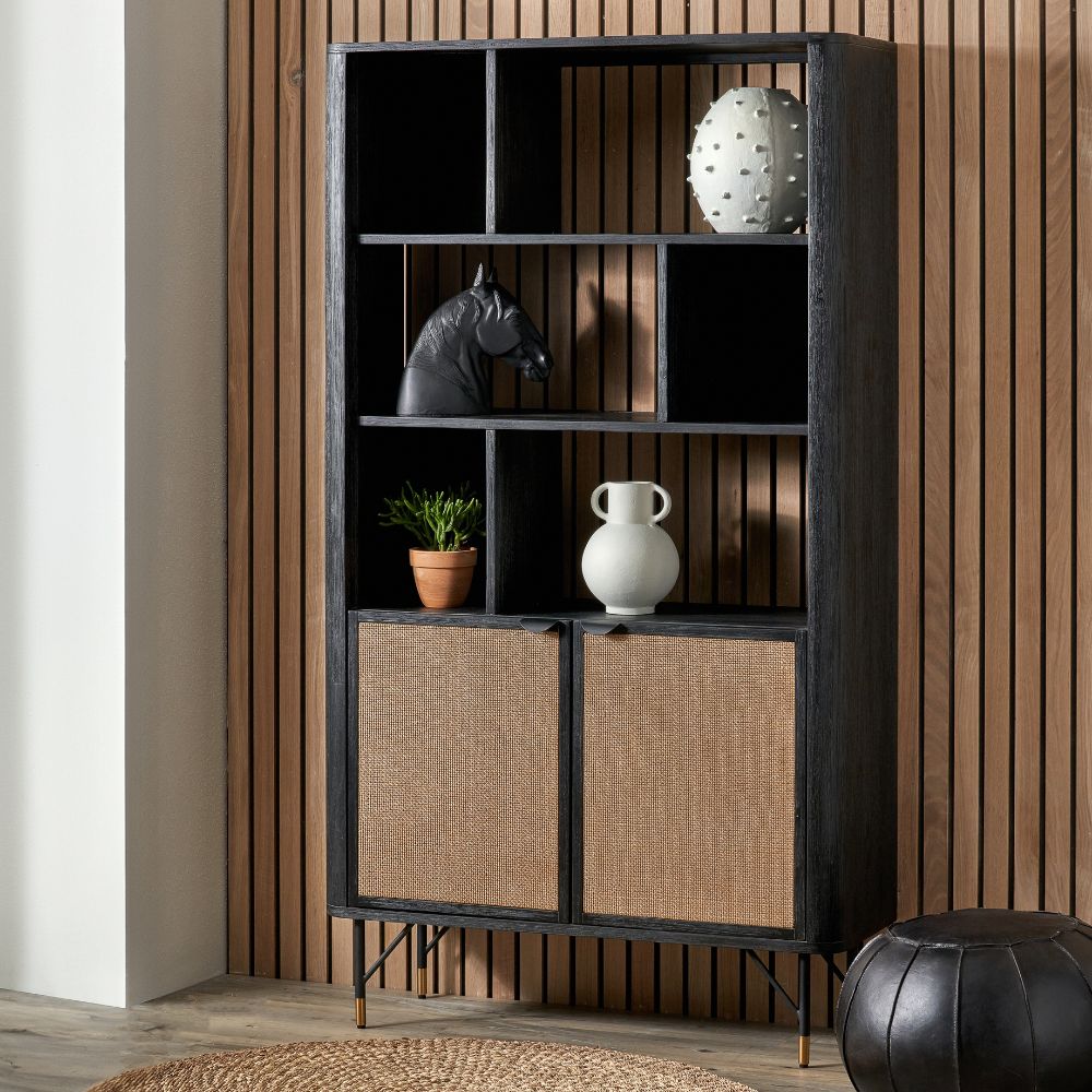 Fiji Black Acacia Wood 2 Door 6 Niche Display Cabinet