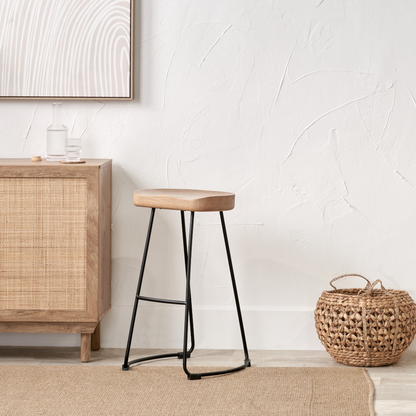 Laselle Ash Wood and Black Metal Bar Stool
