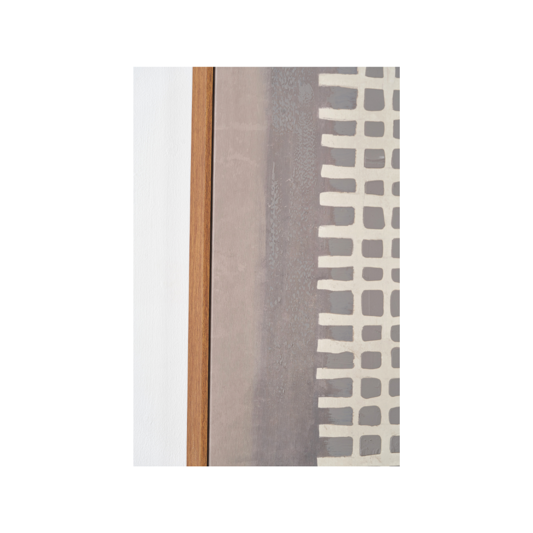 Brown and Natural Grid Design Canvas with Oak Effect Frame