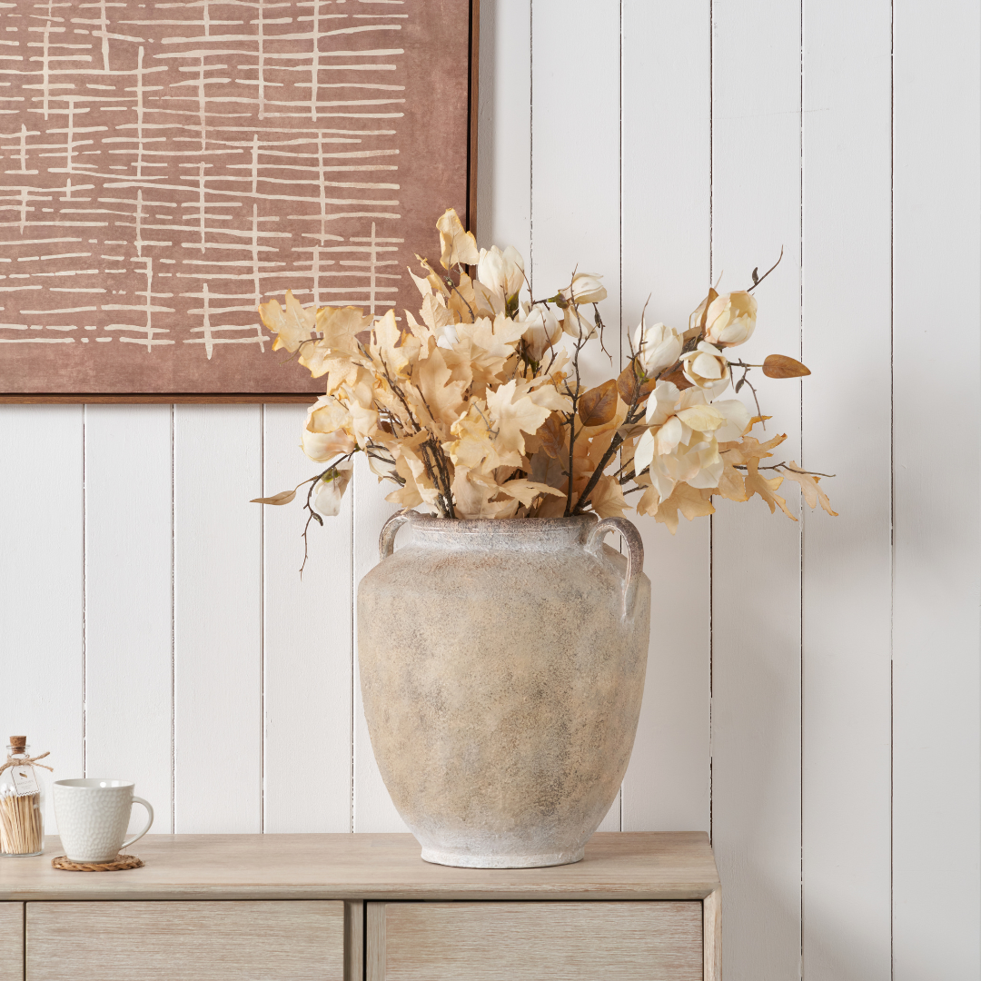 Natural Textured Fibrestone Decorative Vase with Handles