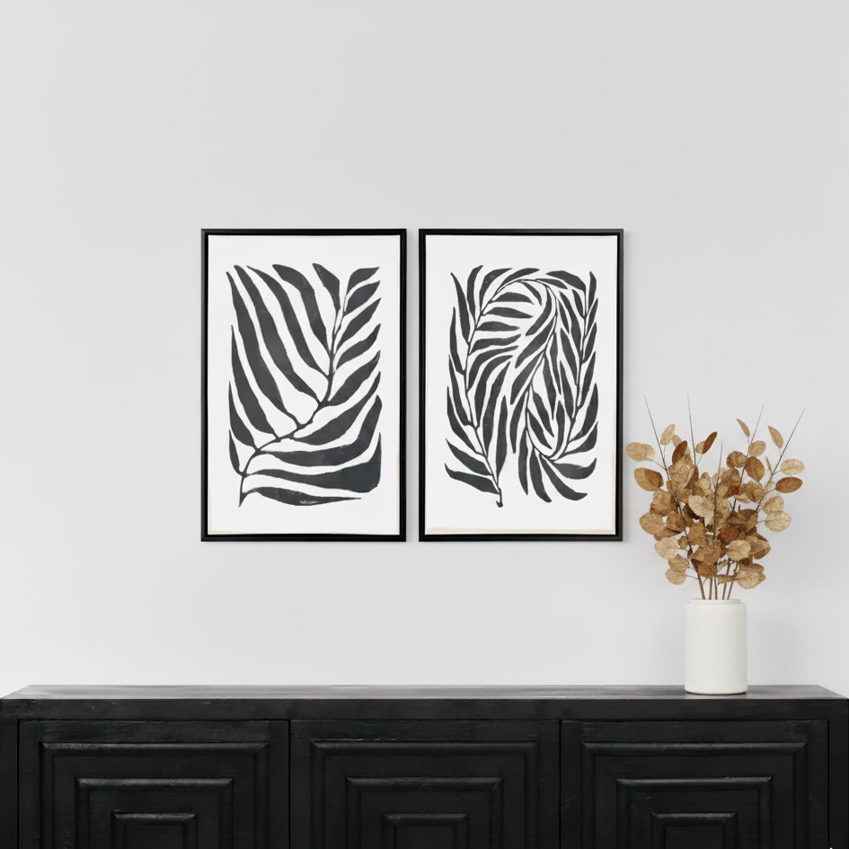 Canvases Black Leaf Print with Black Frames (Set of 2)