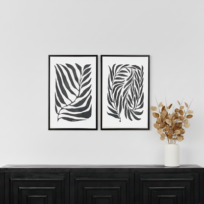 Canvases Black Leaf Print with Black Frames (Set of 2)