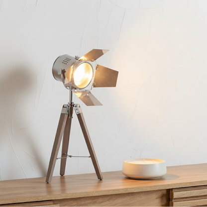 Hereford Grey Wood and Silver Metal Film Tripod Table Lamp