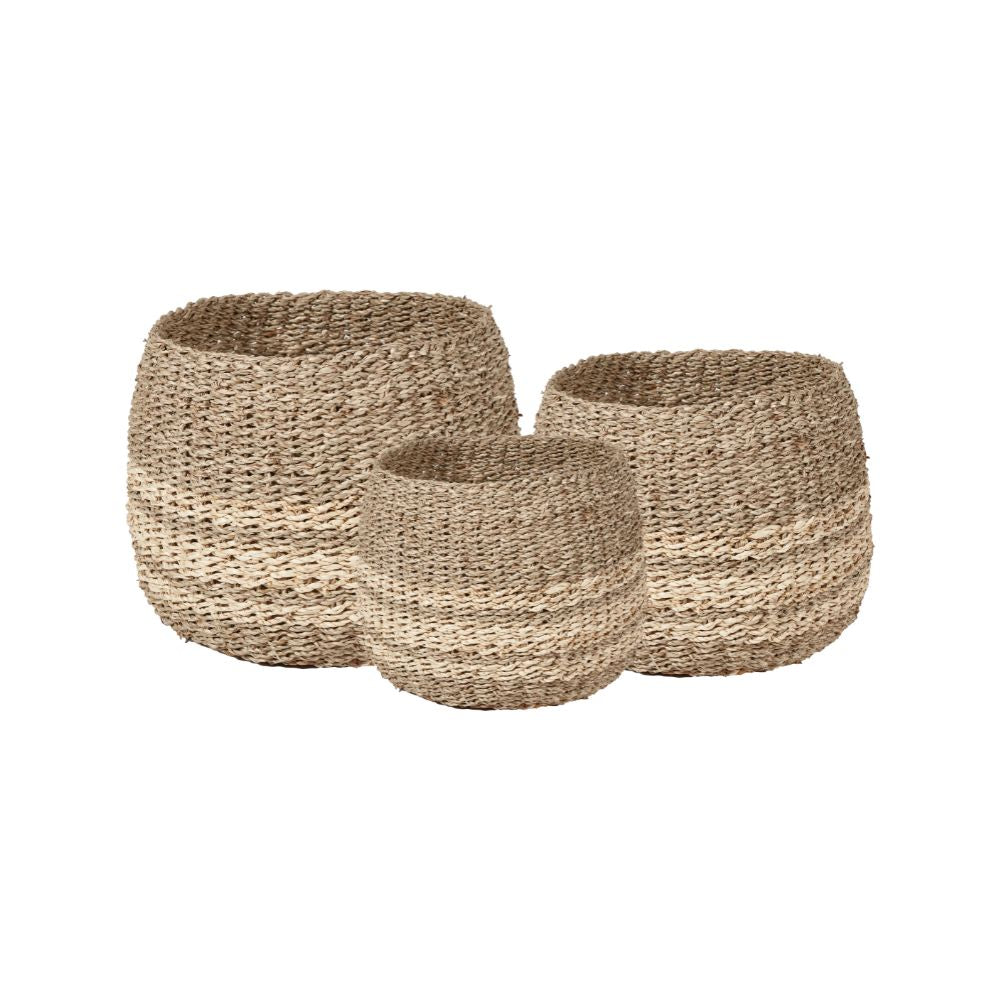 Seagrass and Palm Leaf 2-Tone Natural Round Baskets (Set of 3)