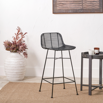 Rattan Core and Black Metal Bar Stool