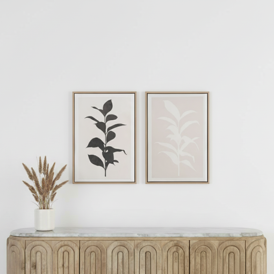 Canvases Natural and Black Leaf Print with Natural Frames