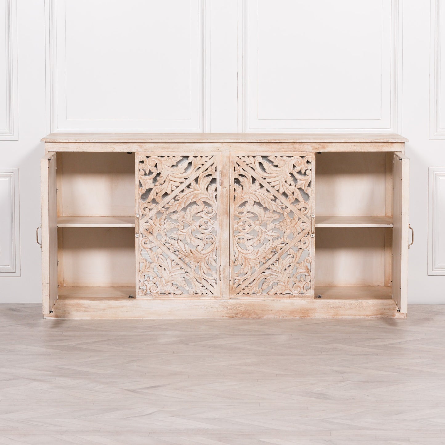 Solmere Ornate Carved Mango Wood Sideboard with Mirror Doors