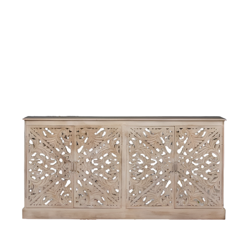 Solmere Ornate Carved Mango Wood Sideboard with Mirror Doors