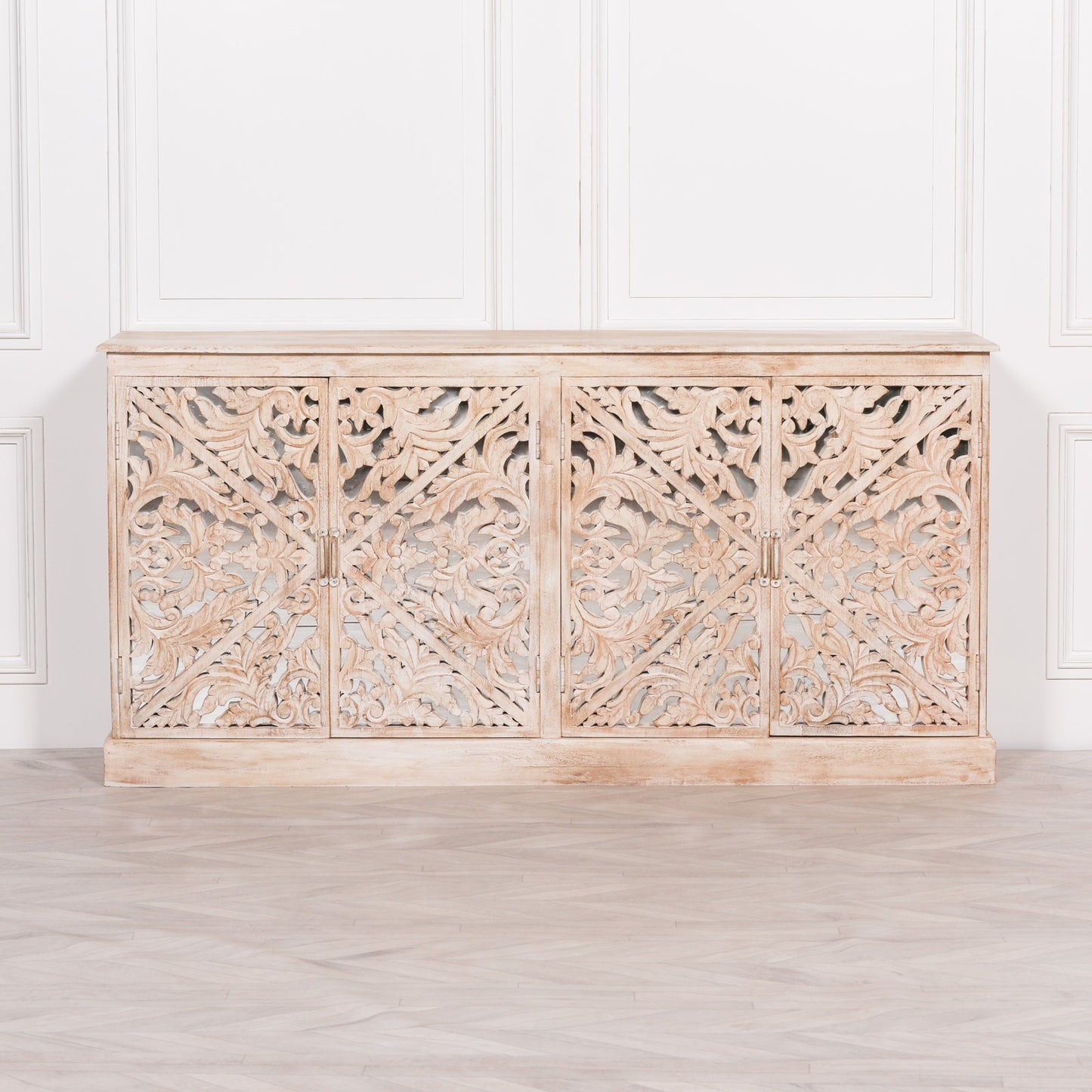 Solmere Ornate Carved Mango Wood Sideboard with Mirror Doors