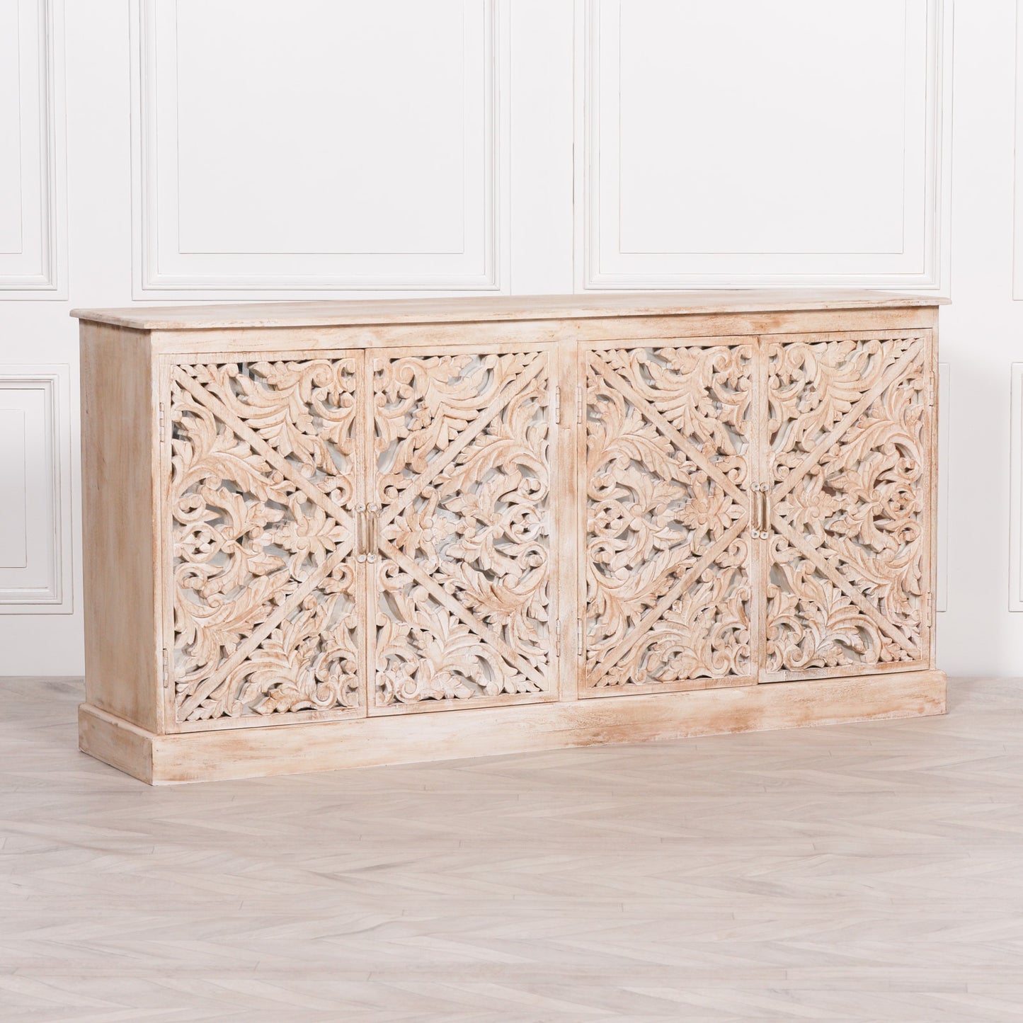 Solmere Ornate Carved Mango Wood Sideboard with Mirror Doors