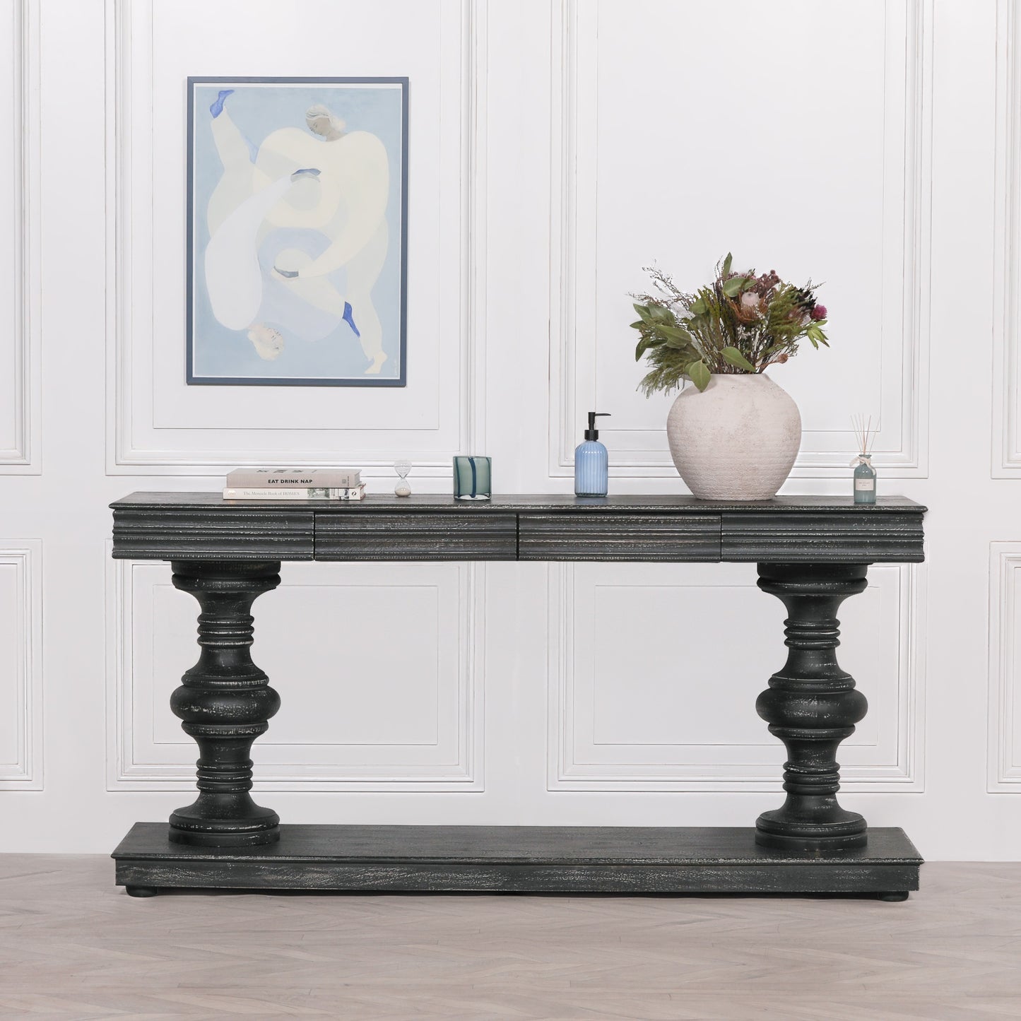 Solmere Distressed Black Mango Wood 180cm Console Table