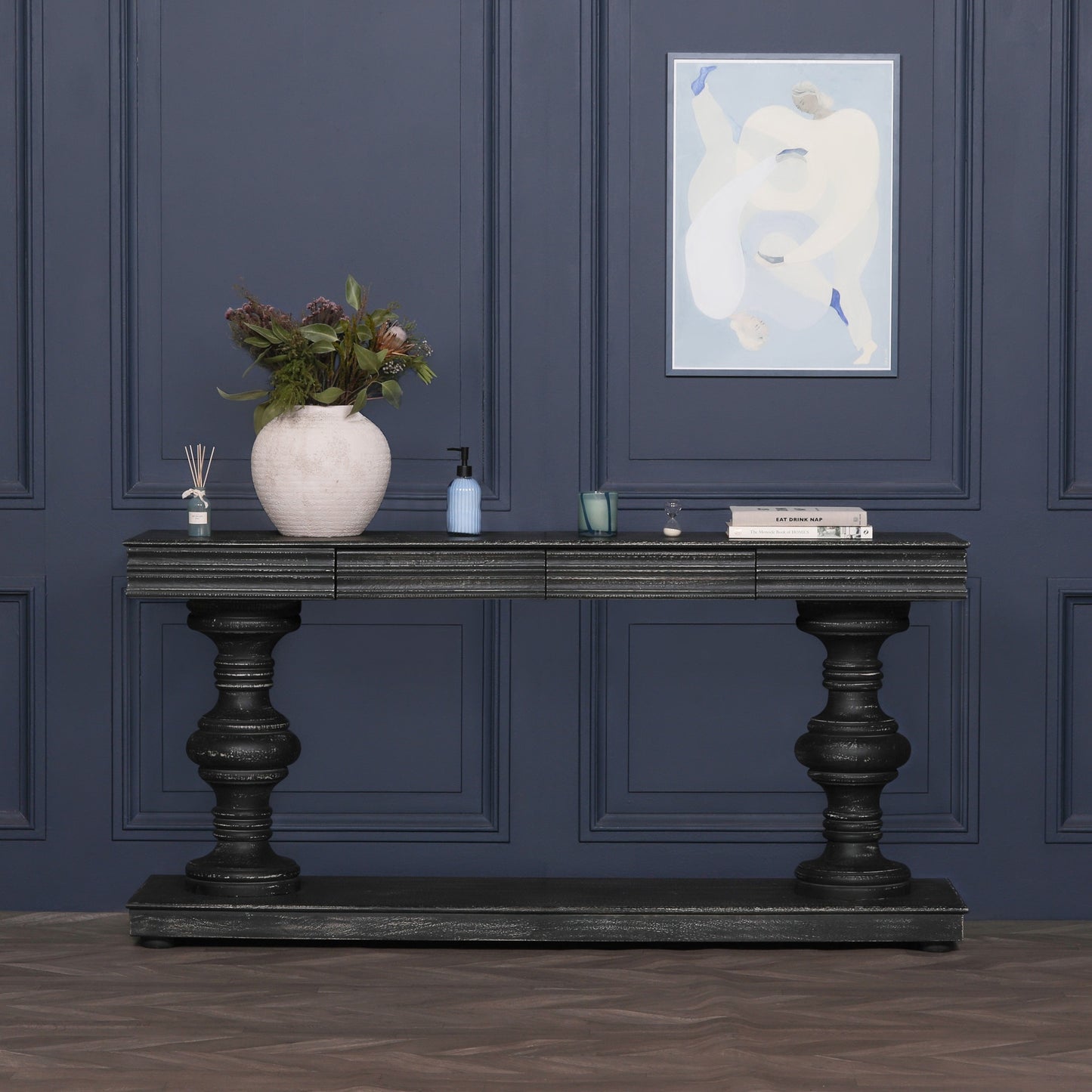 Solmere Distressed Black Mango Wood 180cm Console Table