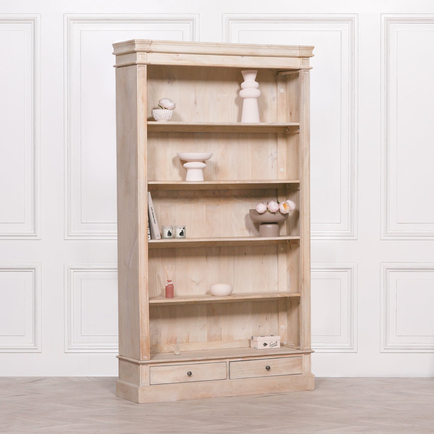 Blanche Rustic Mango Wood Bookcase with Open Drawers