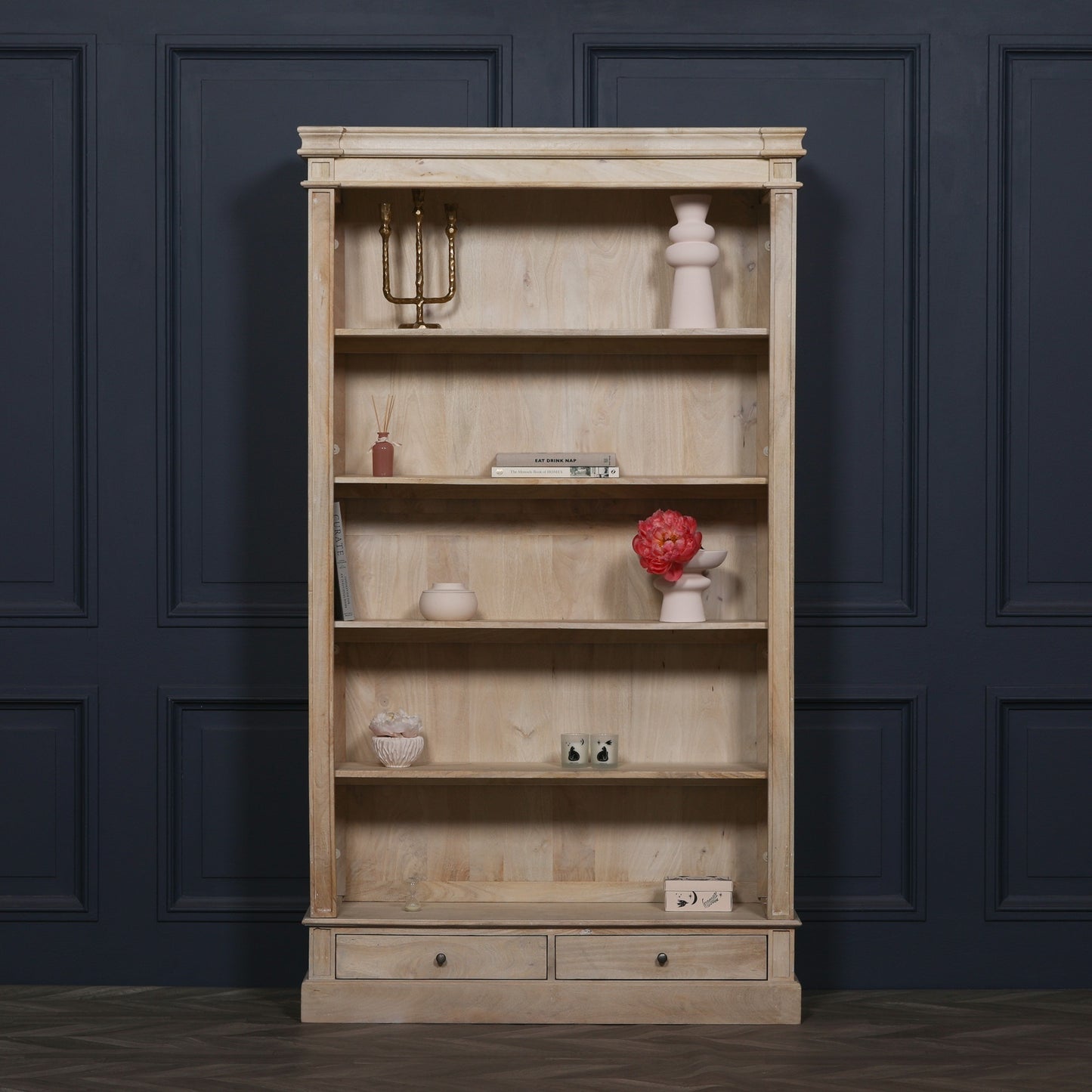 Blanche Rustic Mango Wood Bookcase with Open Drawers