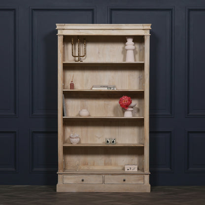 Blanche Rustic Mango Wood Bookcase with Open Drawers