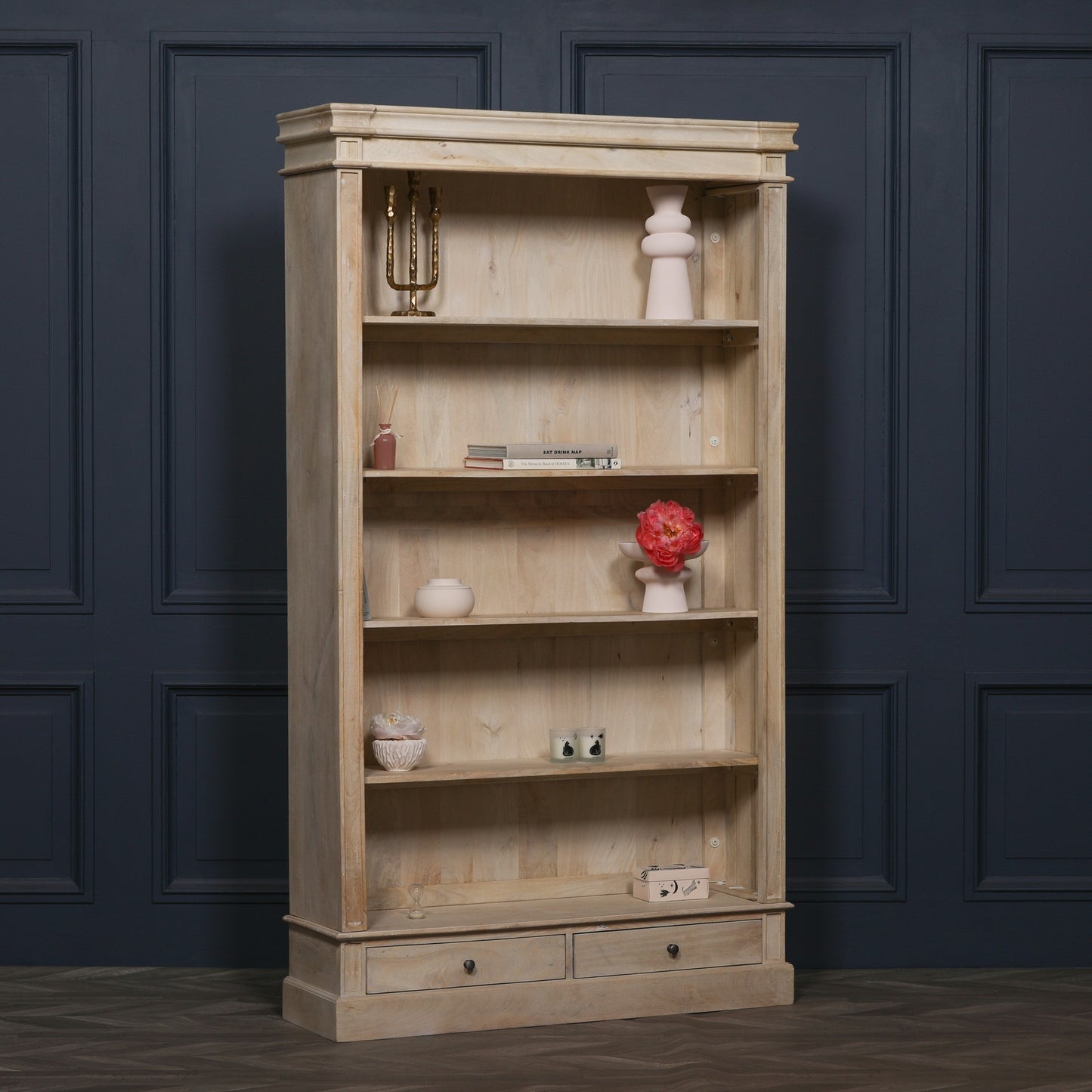 Blanche Rustic Mango Wood Bookcase with Open Drawers