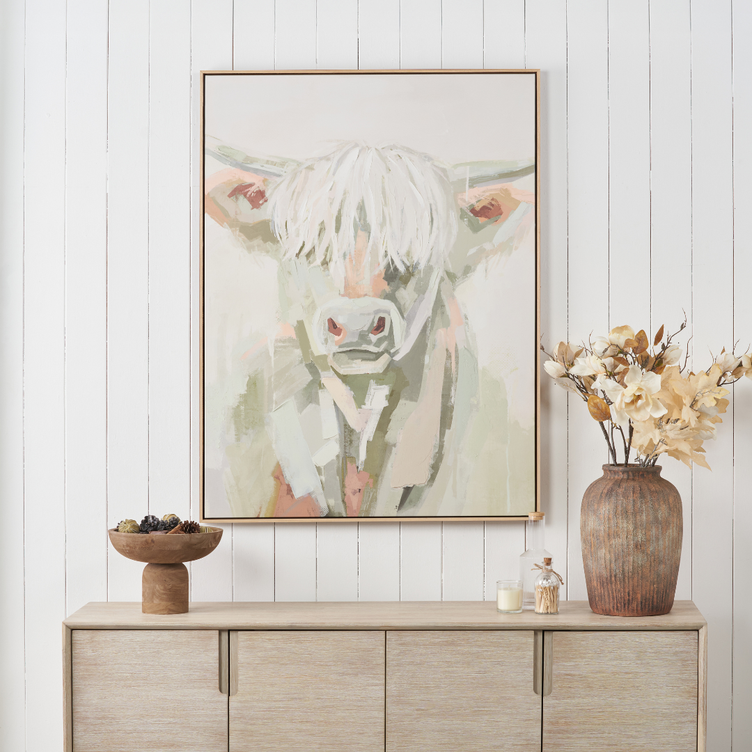 Sage and Naturals Highland Cow Canvas with Natural Frame