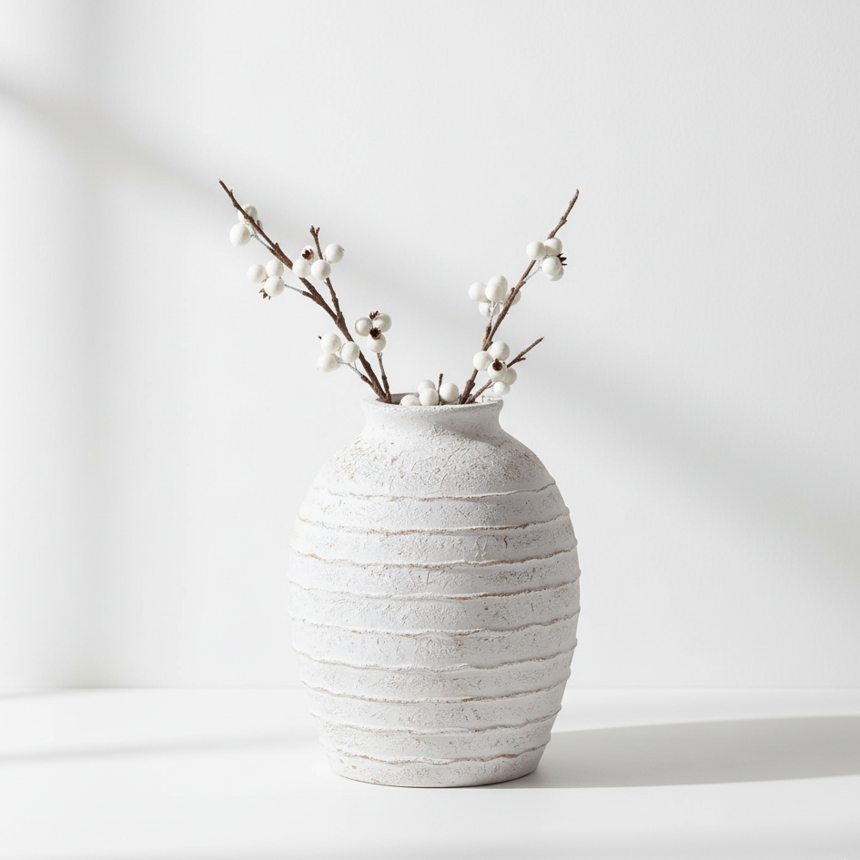 Fibrestone White Wash Decorative Ribbed Large Vase