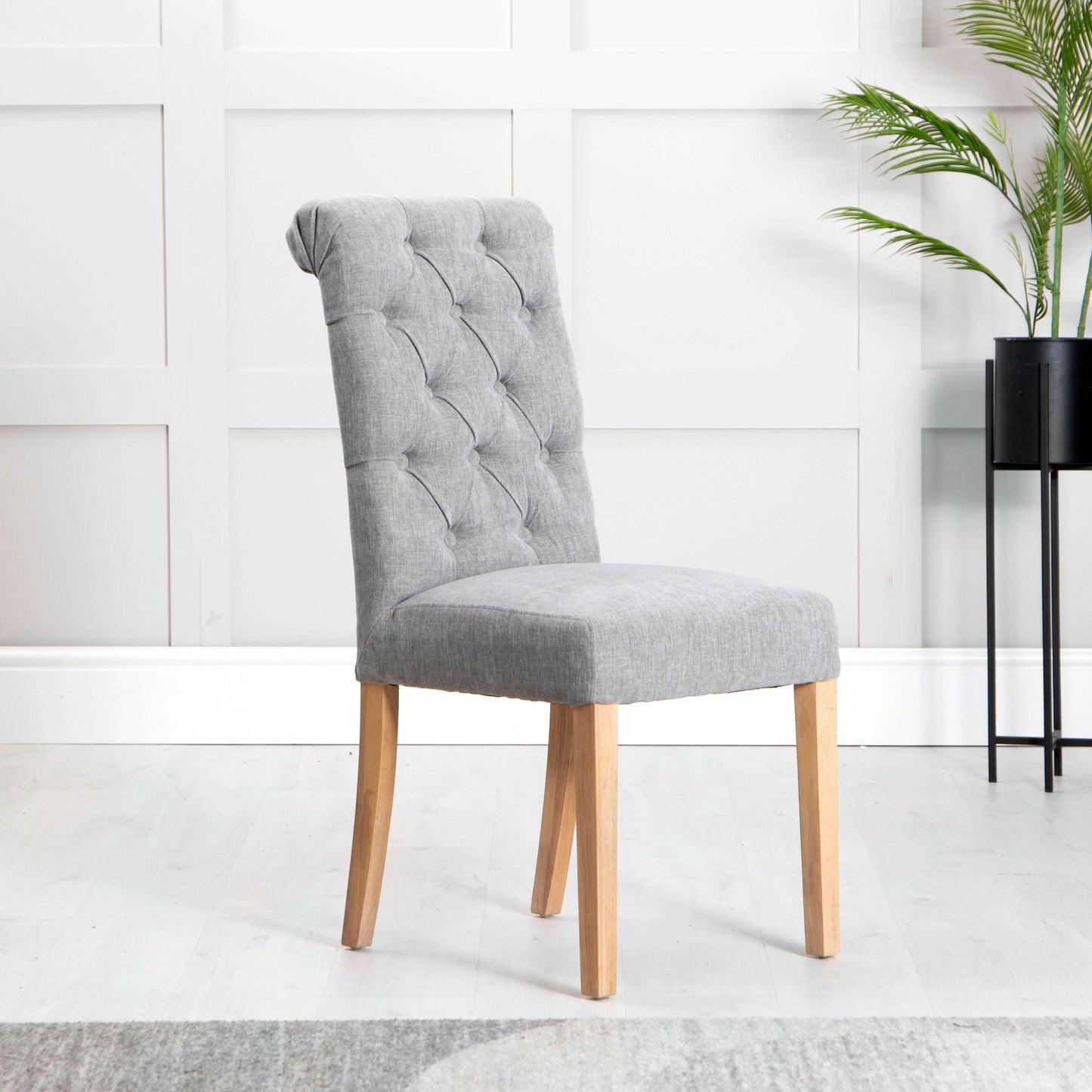 Button Back Scroll Top Grey Dining Chair