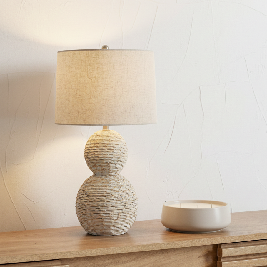 White Wash Wicker Globe Table Lamp