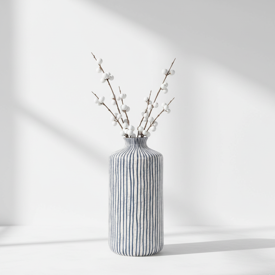 Stoneware Bude Blue and White Stripe Design Vase