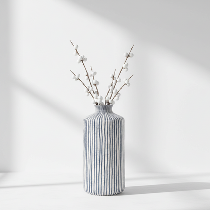 Stoneware Bude Blue and White Stripe Design Vase
