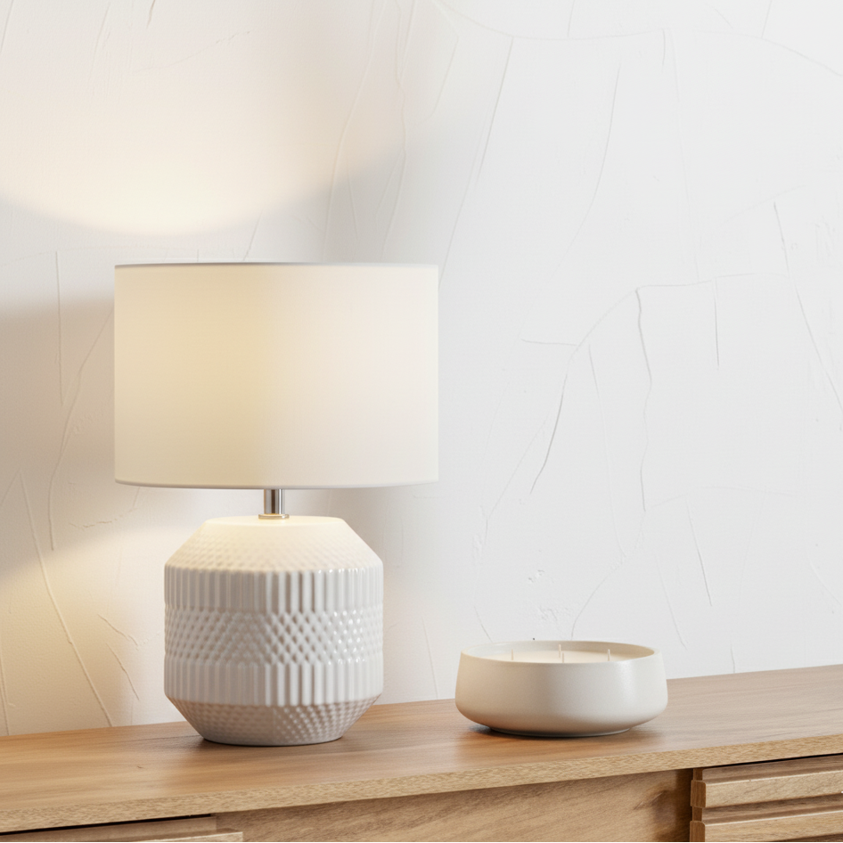 Meribel White Geo Textured Ceramic Table Lamp