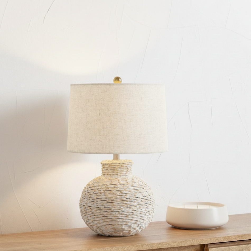 White Wash Bulbous Wicker Table Lamp