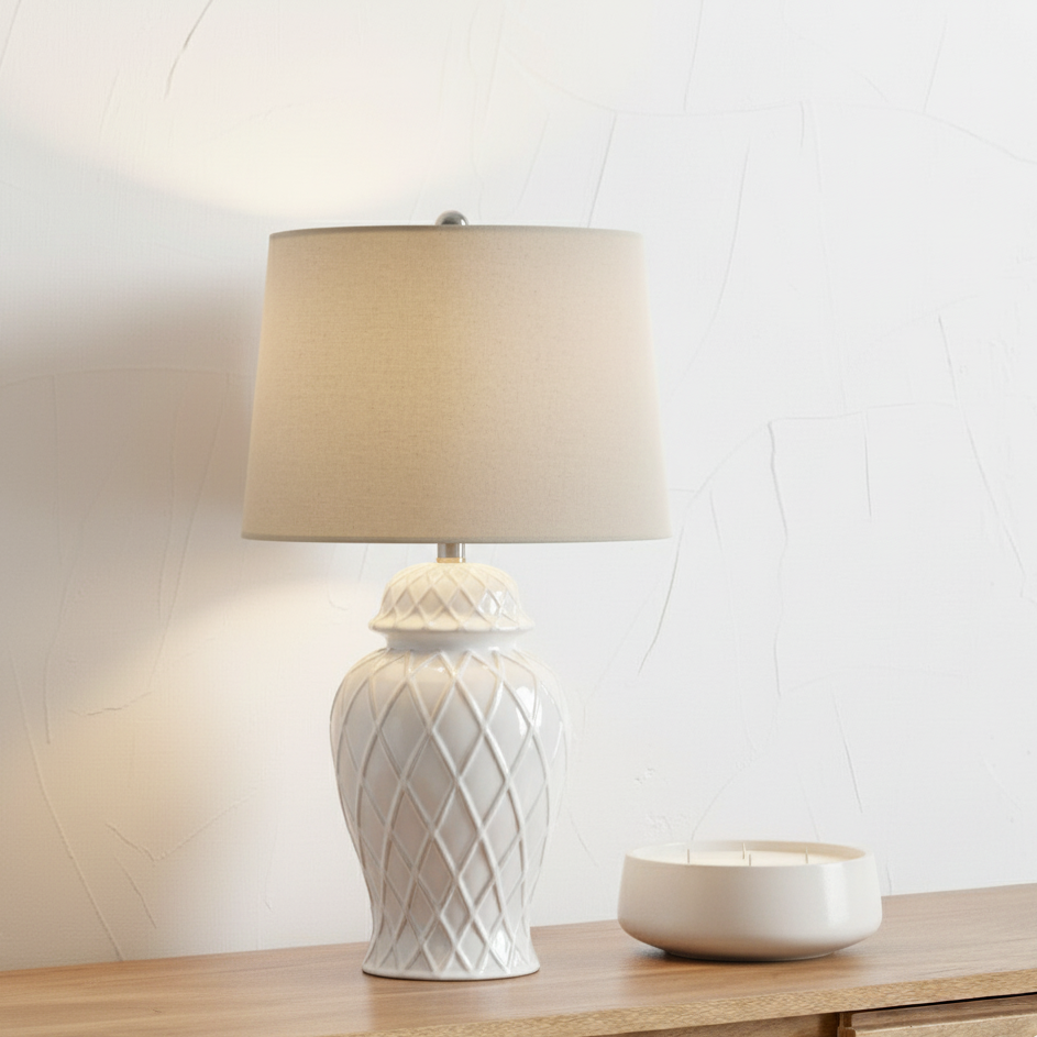White Ceramic Ginger Jar Table Lamp