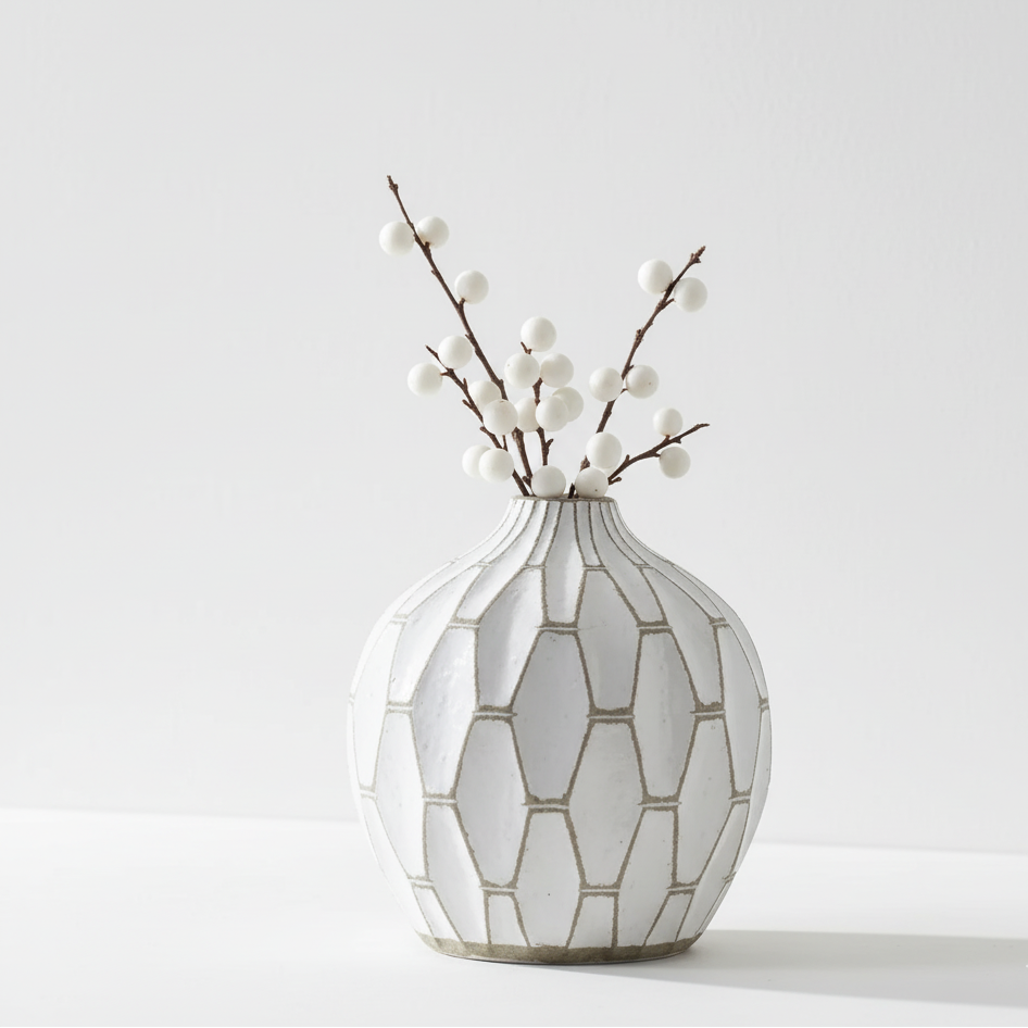 Gaudi Stoneware White Geometric Design Vase