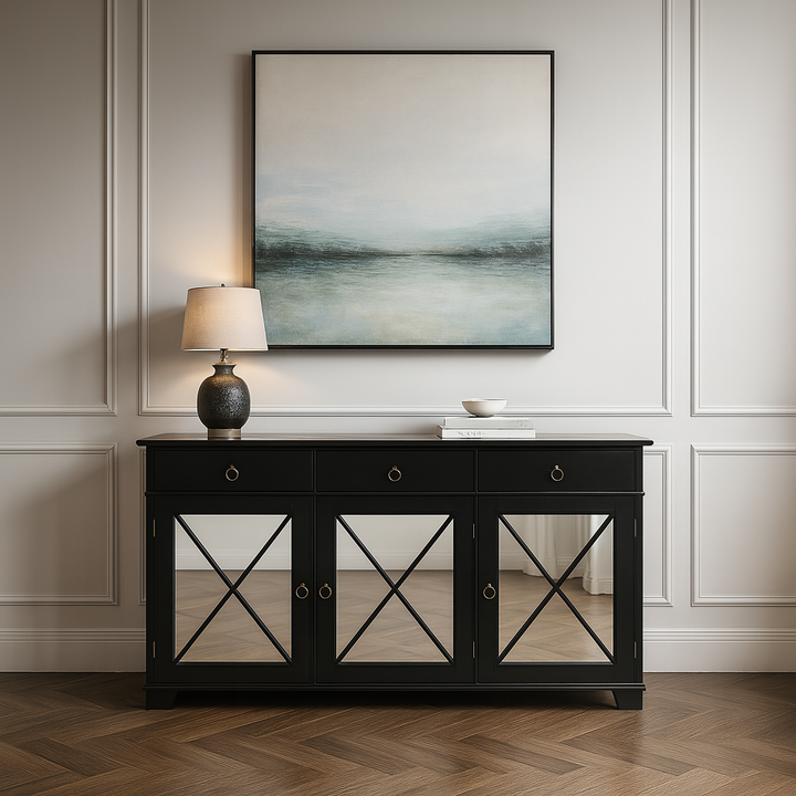 Nocturne Black Oriental Sideboard with Mirrored Doors