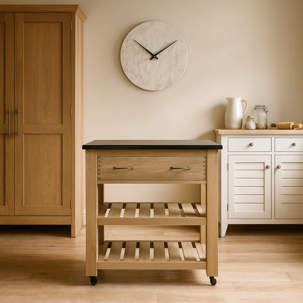 Oxford Double Drawer Small Oak Kitchen Island With Black Granite Top