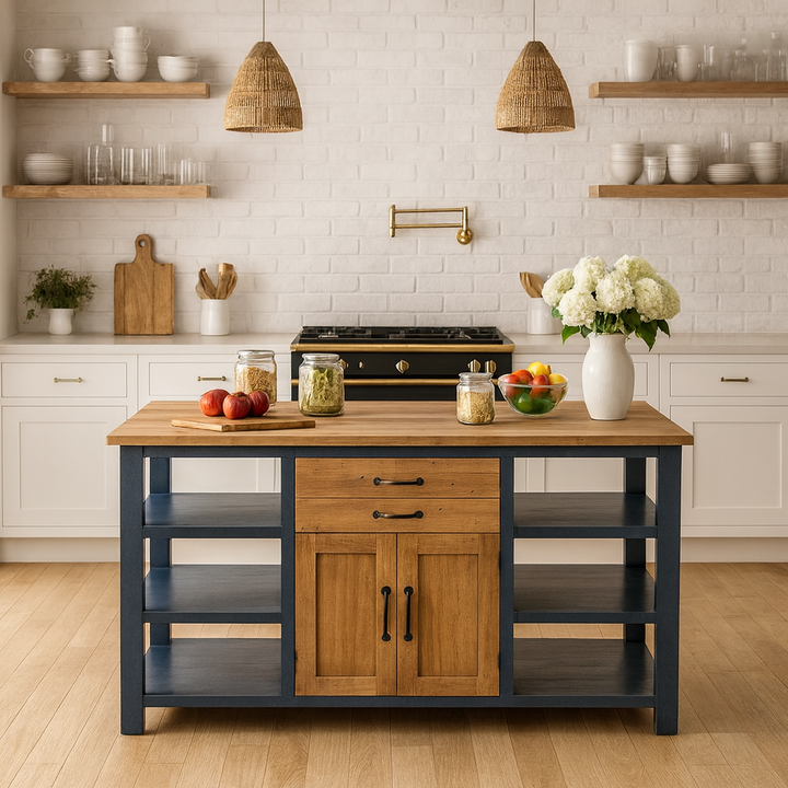 Splash of Blue Kitchen Island with Reclaimed Wood