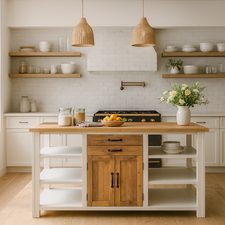 Splash of White Kitchen Island with Reclaimed Wood