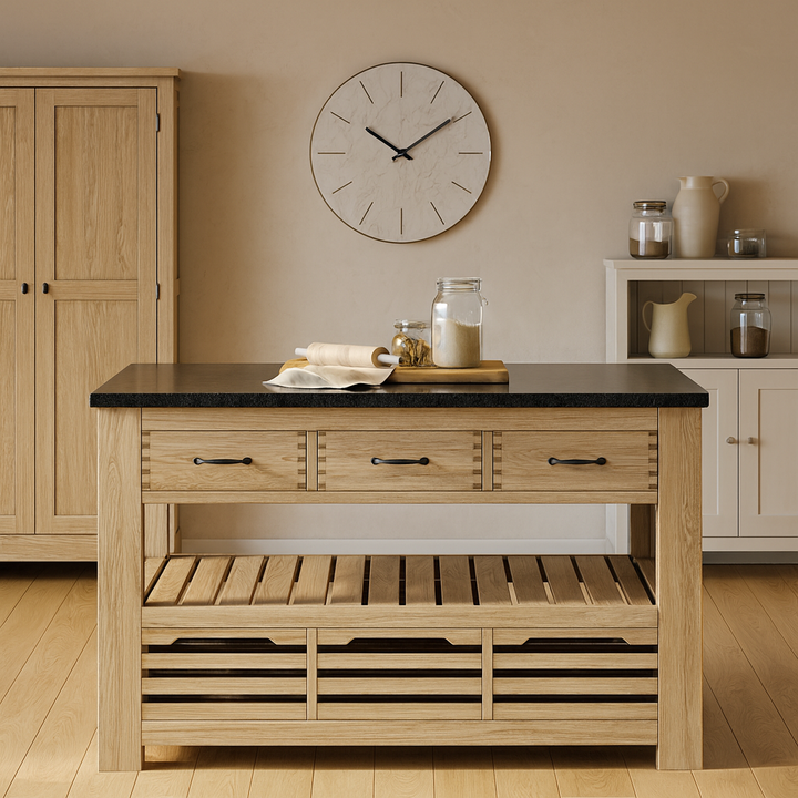 Oxford Three Drawer Oak Kitchen Island With Black Granite Top
