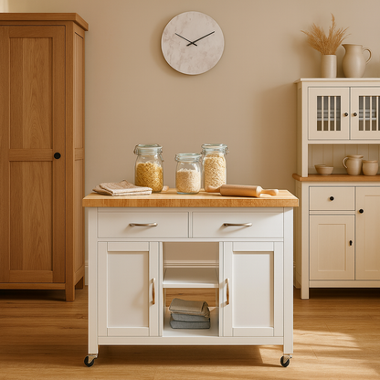 Savannah White Kitchen Island With Butchers Block