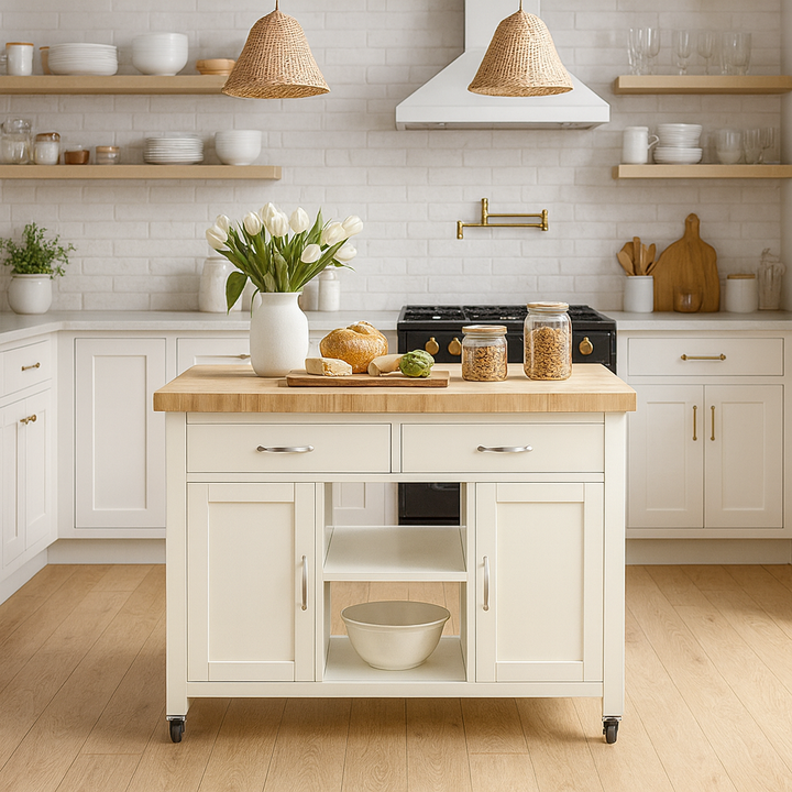 Savannah Cream Kitchen Island With Butchers Block