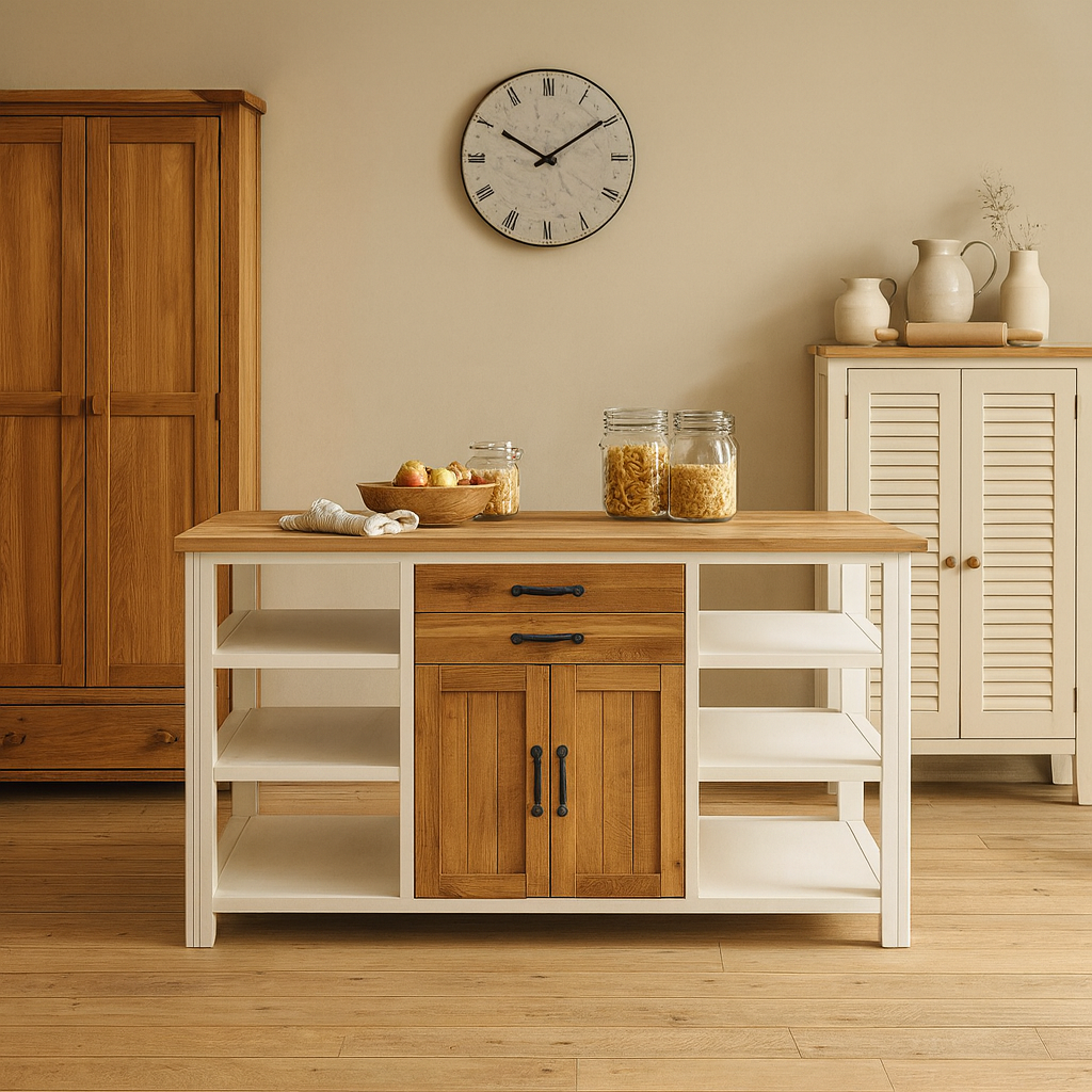 Splash of White Kitchen Island with Reclaimed Wood