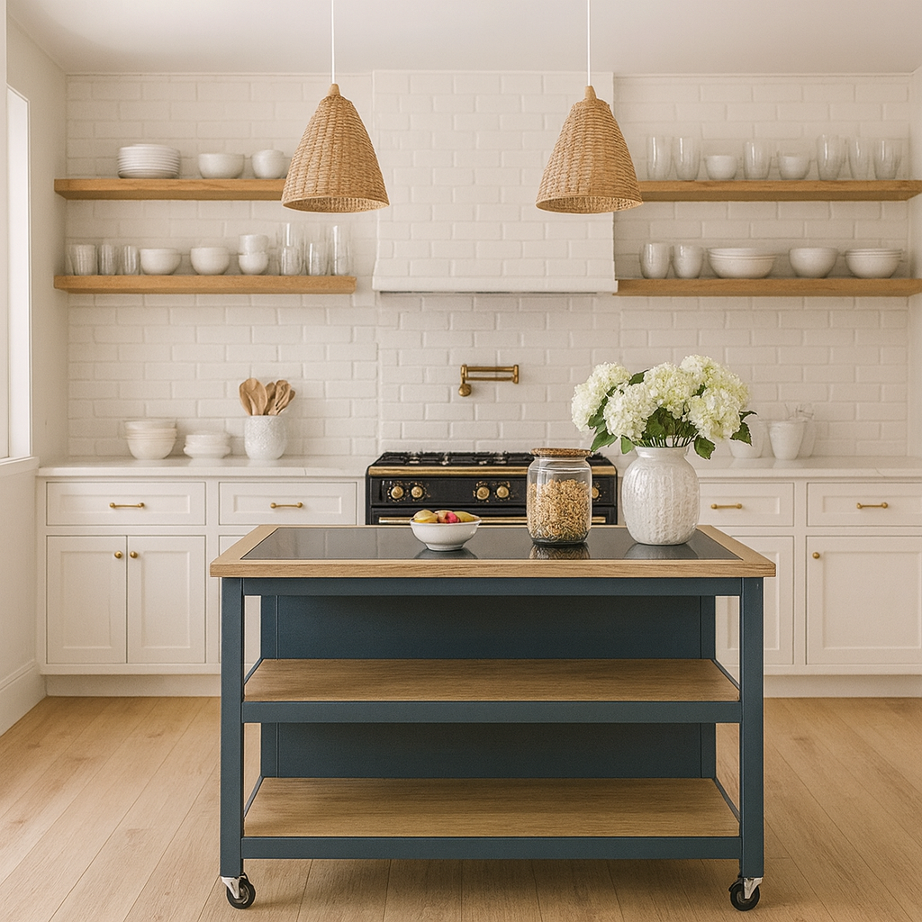 Savannah Blue Open Kitchen Island with Breakfast Bar and Granite Top