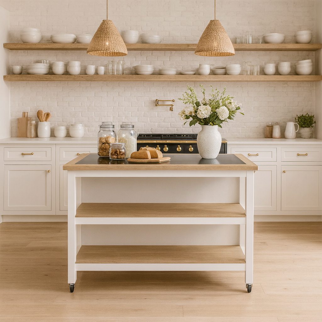 Savannah White Open Kitchen Island with Breakfast Bar and Granite Top
