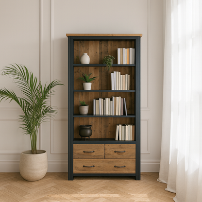 Splash of Blue Large Open Bookcase with Drawers