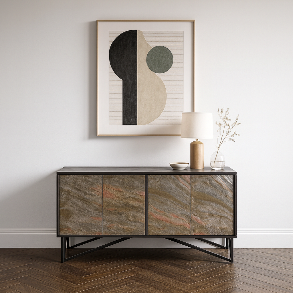 Verde Black Mango Wood and Stone Veneer 4 door Sideboard