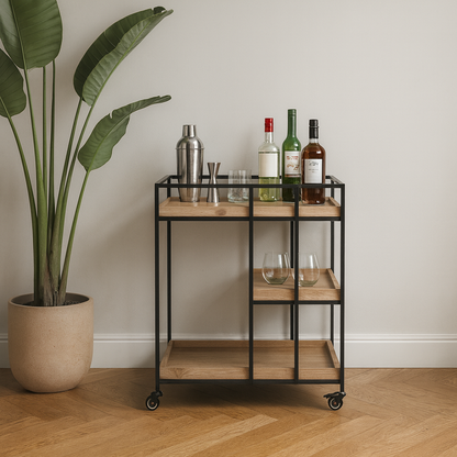 Gallery Natural Wood Veneer and Black Metal Caddy