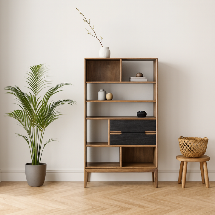 Gio Acacia Wood 2 Drawer 7 Niche Display Cabinet