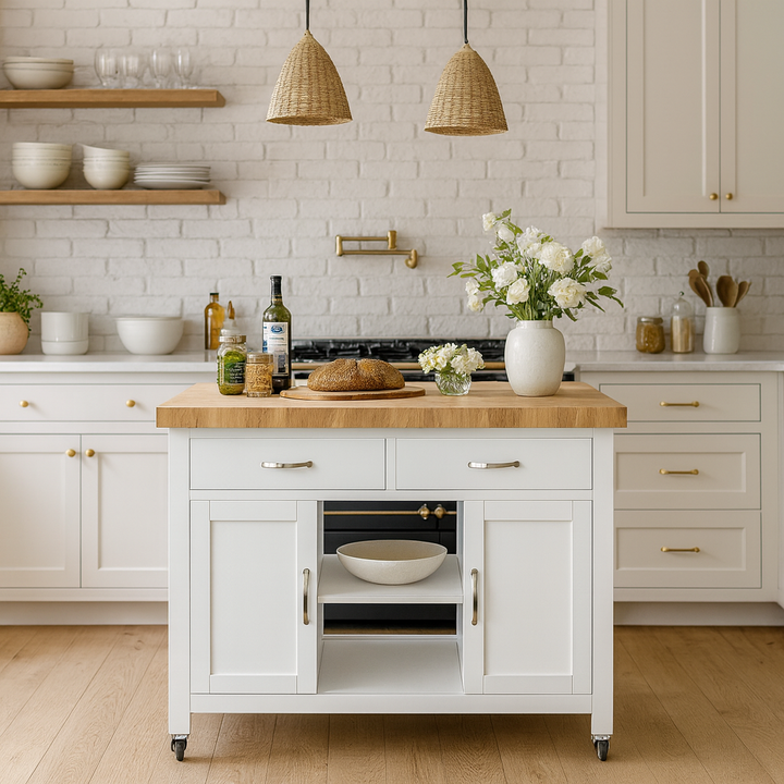Savannah White Kitchen Island With Butchers Block