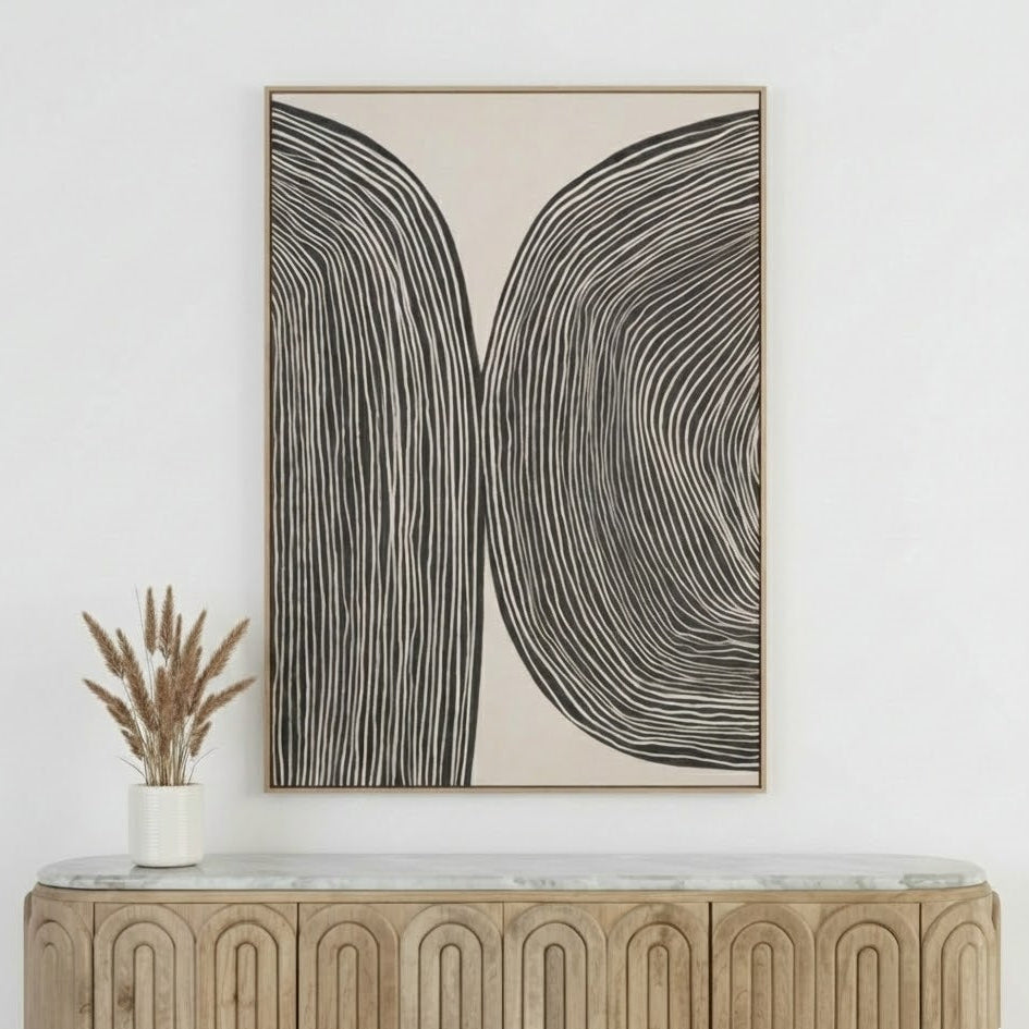 Abstract Canvas Black and Cream with Natural Frame