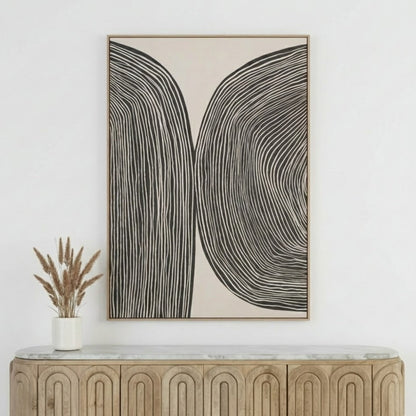 Abstract Canvas Black and Cream with Natural Frame